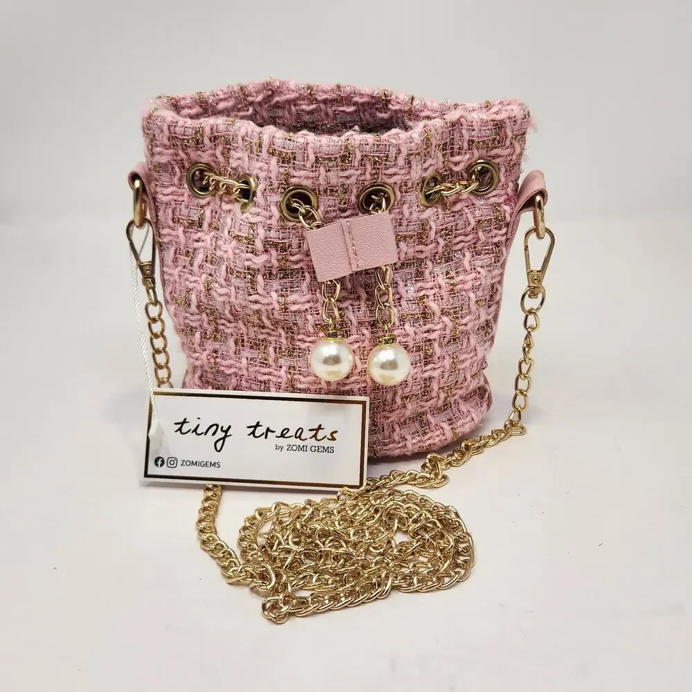 Tiny Treats by Zomi Gems Pink Gold Tweed Girls Bucket Bag Crossbody Faux Pearls